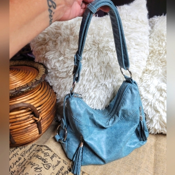 Used pretty greyish blue shoulder bag with silver tone hardware good cond - Picture 8 of 12